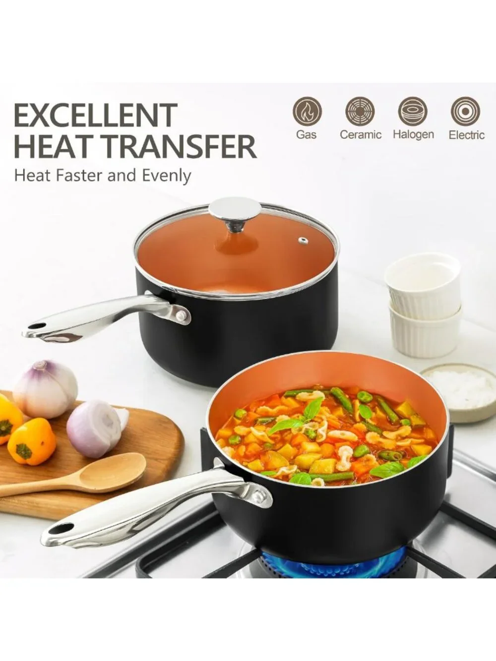 1 Quart Nonstick Ceramic Saucepan with Lid - Small Copper Cooking Pot